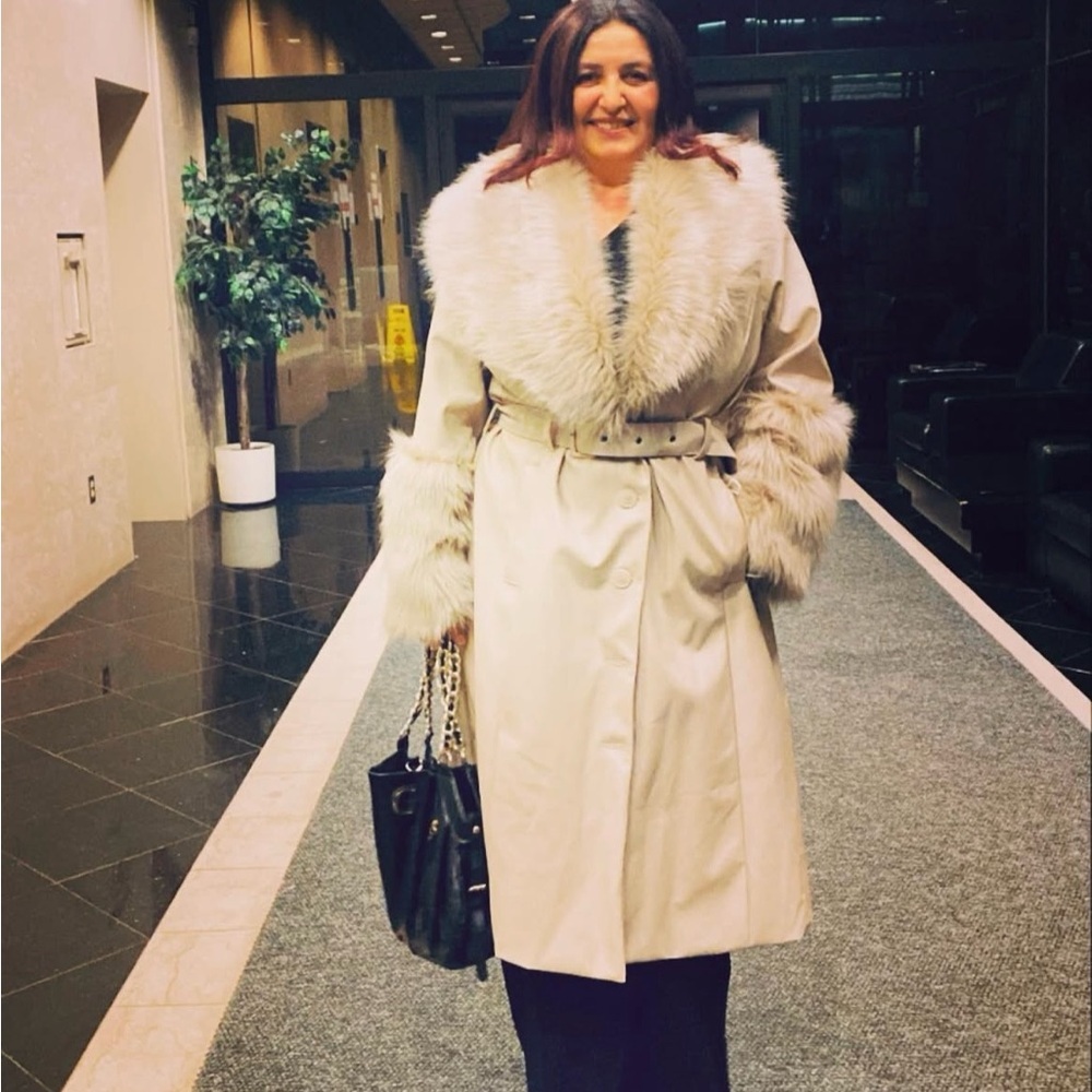Fashion Nova Cream Faux Leather Trench Coat with Faux Fur - Picture 10 of 11